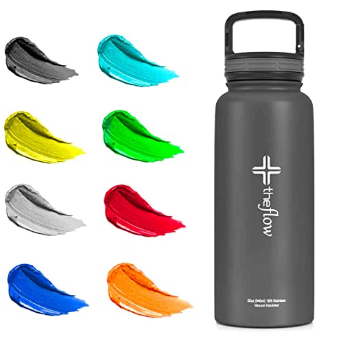 The Flow Insulated Water Bottle Large 32oz Stainless Steel Hydro Vacuum Flask With Wide Mouth Straw Lid, Coffee Flip Lid and Carabiner, Double Wall Sports Travel Tumbler (Grey, 1L)