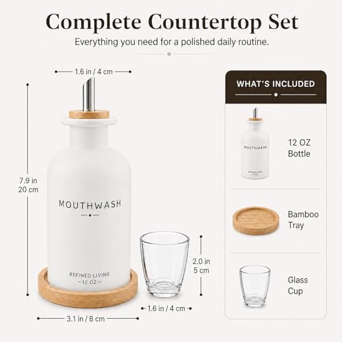Image of Mouthwash Dispenser for Bathroom, 12 OZ Refillable Glass Mouthwash Bottle with Cup and Bamboo Tray, Decorative Mouth Wash Dispenser Set for Bathroom (White)