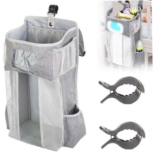 Nappy Caddy Organiser Hanging Diaper Caddy Multi Compartment Oxford Cloth Large Capacity Crib Storage with 2 Clips Non-slip Foldable Adjustable Baby Cot Organiser, Grey