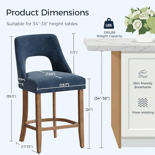 Image of UVV Bar Stools Set of 2, Upholstered Counter Height Bar Stools, Modern Counter Stools with Wood Legs for Kitchen Island Dining Room Bar, Navy Blue
