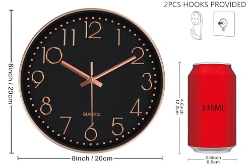 Image of Silent Wall Clocks Battery Operated 8 Inch, Analog Wall Clock with Oversized Number Tempered Glass Clock Face, Non Ticking Wall Clocks for Living Room Bedroom Kitchen Office, Black Rose Gold