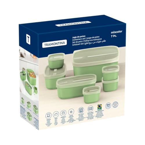 Conjunto de Potes Tramontina Mixcolor em Polipropileno Verde Sálvia com Tampa Transparente 7 Peças