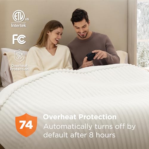 Image of Bedsure Electric Blanket King Size - Thick Striped Flannel Electric Blanket with Dual Control, Heating with 10 Heat Settings & 10 Time Settings, 8 hrs Timer Auto Shut Off (90x100 inches, White)