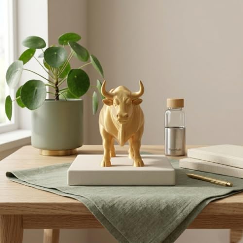 Image of Stock Market Bull Statue Showpiece for Office Desk, Bull Figurine, Share Market Decor, Gift for Traders Investors, Wealth Symbol (Gold)