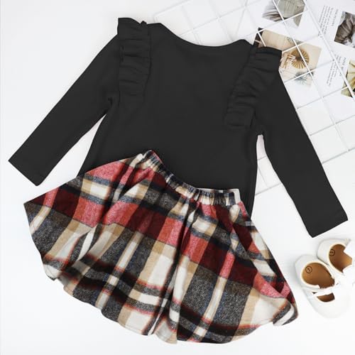 Image of AGQT Toddler Girls Fall Winter Clothes Long Sleeve Ribbed T-Shirt Knit Tops Plaid Button Mini A-line Skirts Set Outfits