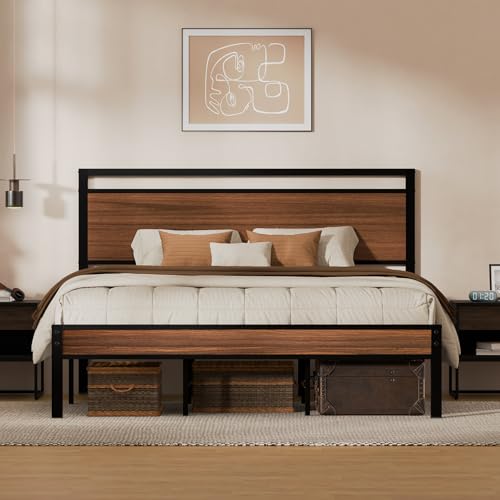 Image of Z-hom King Metal Bed Frame with Wooden Headboard and Footboard, Heavy Duty Platform Frame with Metal Slats, No Box Spring Needed, Quiet and Non-Slip Design, Space Saving Bed Frame for Bedroom,Walnut