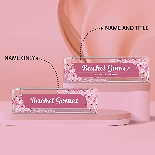 Name Plate For Desk Personalized - Custom Name Plates For Work, Ideal Office Decor For Men And Women, Phd And Doctor Gifts, Clear Acrylic Desk Name Plate | Customized Gifts (8" X 2.5") (Pink Floral) #TOP3