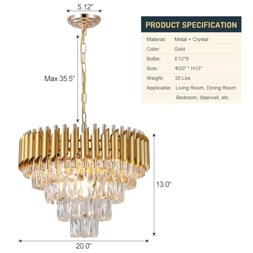 Image of Crown Lighting Crystal Jhumar in, Round Shaped Gold Finished Pandent /Hanging Chandelier Celling Light with Free Bulb Included (Medium) (Full Gold, 500MM)