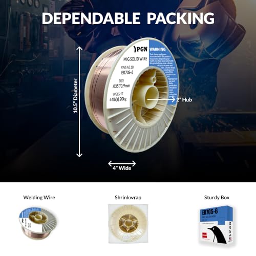 PGN Solid MIG Welding Wire - ER70S-6 .035 Inch, 44 Pound Spool - Mild Steel MIG Wire with Low Splatter and High Levels of Deoxidizers - For All Position Gas Welding - Shatterproof ABS Spool