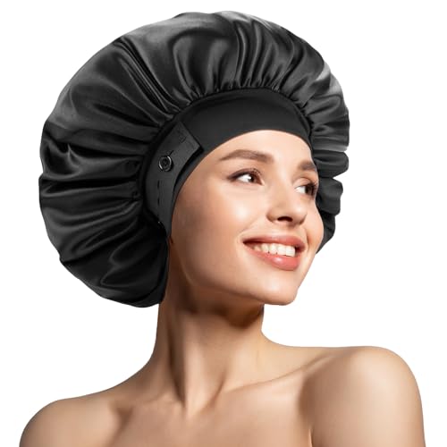 WINSTECK Seidensatin-Haube Schwarz Verstellbare Schlaf-Haarmütze
