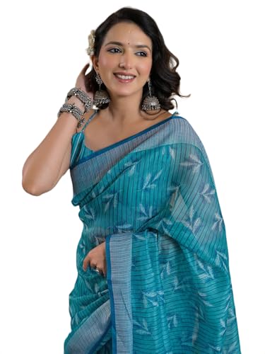 Image of Satrani Women's Linen Printed & Embroidery Ready To Wear Saree with Unstitched Blouse Piece
