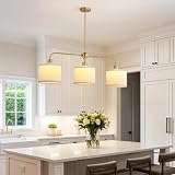 mavcadonf Dining Room Island Chandelier Light Fixtures, 3-Light White Linen Drum Shade Chandelier with Brushed Gold Linear Pendant Light Fixture for Kitchen Island, Living Room, Bedroom