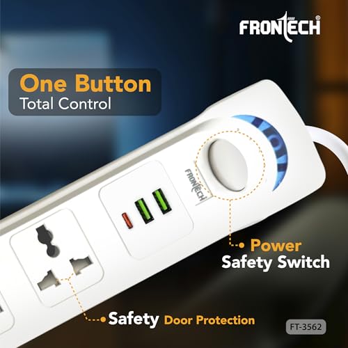 Image of Frontech 4-Way Power Extension Socket, 2000W Heavy-Duty Power Strip, Individual Switches with LED Indicators, Universal Sockets, 3M Copper Cable, Fire-Resistant Body, 1 Year Warranty (FT-3565)