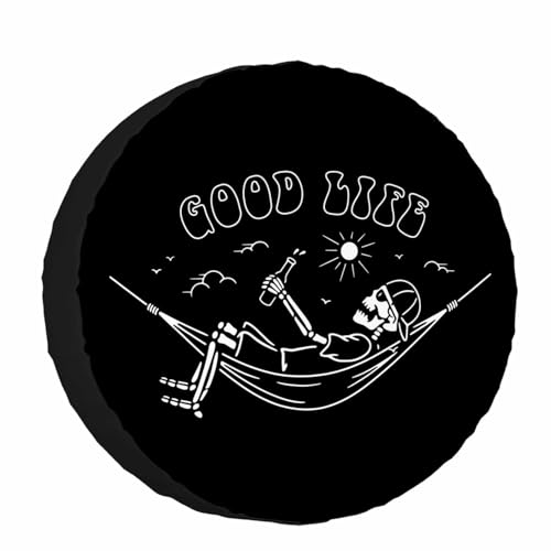 Image of Skeleton in Hammock Spare Tire Cover Beautiful Life White Black Background Wheel Covers for RV Tires Camper Tire Case Protectors for Trailer Rv SUV Truck Travel Trailer 17 in