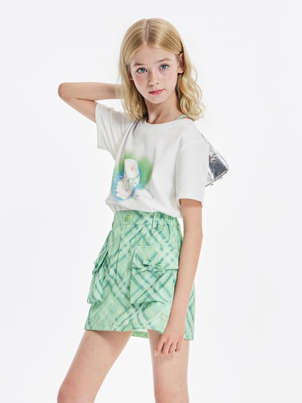 Girls Shirts,White Cat & Green Heart & Sequin Embellished Graphic Tee - Cute Casual Top with Glitter Details 6-16Y3