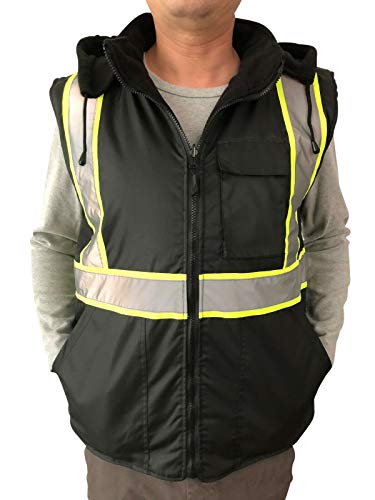 Hi Vis High Visibility Reflective Waterproof Windproof Insulated Fleece Lined Saftey Vest with Hood (Black, M)