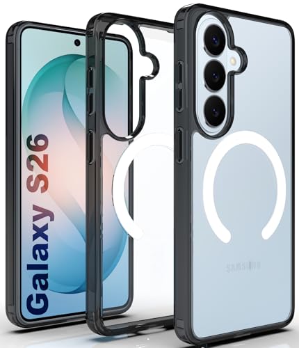 Image of RIGGEAR Shockproof Clear Hybrid Armor Magnetic Back Cover Case Compatible with MagSafe Accessories for Samsung Galaxy S26 (Clear-Black TPU Bumper + Transparent PC)(White)