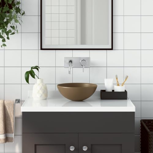 Lavabo de Sobremesa, Cerámica Crema Mate, Diseño Redondo sin Rebosadero, para Baño, Tocador o Cocina, Fácil Limpieza, Montaje sobre Encimera, Diámetro 280x100 mm