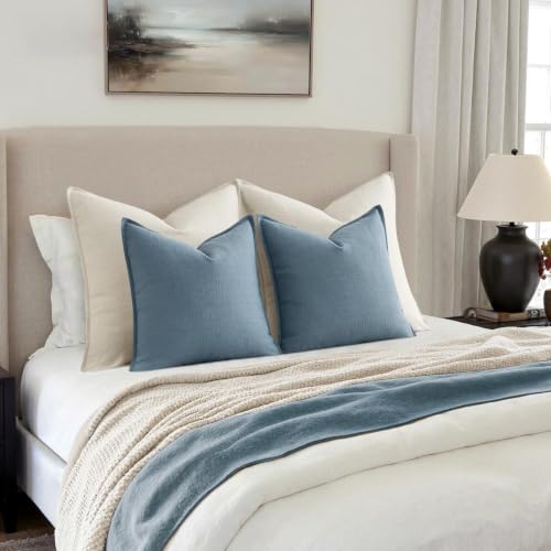 Image of MIULEE Euro Sham Pillow Covers for Bed 24x24, 2 Pack Blue Thick & Textured Decorative Throw Pillow Covers, Neutral Linen Cushion Cases, Modern Farmhouse Home Decor, No Filling