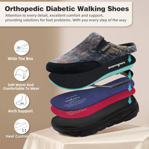 Women's Orthopedic Diabetic Wide Slippers: Comfortable Arch Support Plantar Fasciitis House Slip On Loafers, Casual Flat Feet Winter Warm Walking Shoes for Foot and Heel Pain Relief2
