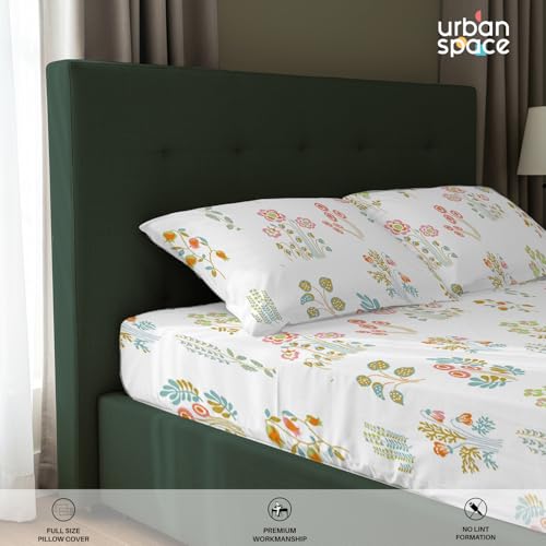 Image of Urban Space Serene 100% Cotton King Size Bedsheet, 200 TC Super Soft Bed Sheet for King Size Bed, Floral Design Flatsheet King bedsheet with Two Pillow Covers (108 x 108 Inches, Eden White)