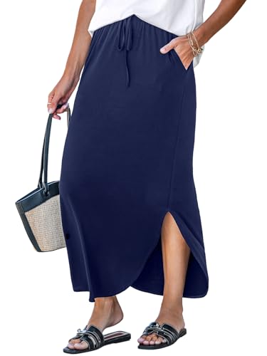CUPSHE Midi Skirts for Women Elastic Waist Drawstring Long Flowy Skirt Casual Side Slits Skirts with Pockets Vacation Outfits