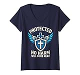 Damen Geschützt Christian Psalm 91 Navy kommt kein Schaden in die Nähe T-Shirt mit V-Ausschnitt