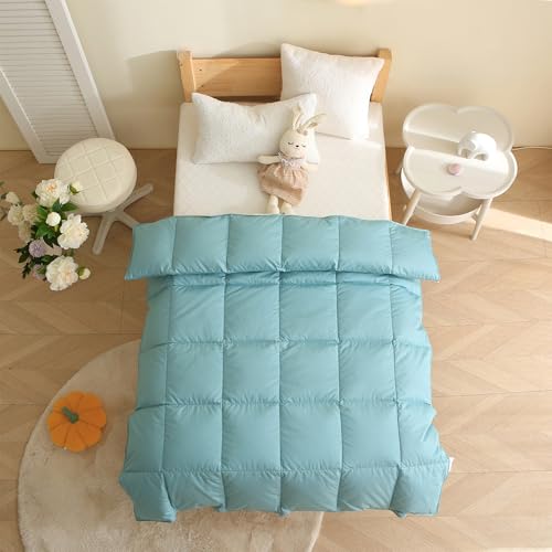 HyBikuly Edredón para cuna/niño, 100 % plumón de ganso blanco para todas las estaciones, carcasa de algodón agradable a la piel, silencioso, lavable a máquina (turquesa, 41 x 48 pulgadas)