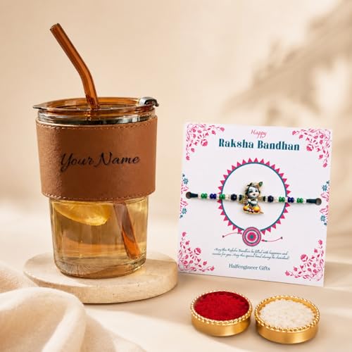Image of Personalized Name Glass Tumbler with Bal Krishna Rakhi Gift Set for Raksha Bandhan | Custom Engraved Sipper Cup with Designer Rakhi, Roli Chawal Gift for Brother