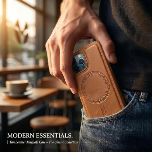 Image of amazon basics Premium PU Leather Case for iPhone 12 Pro Max, MagSafe Compatible Magnetic Ring, Sleek Protective Back Cover - [Tan]
