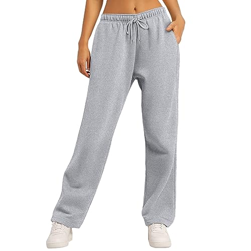 Loinjsnktng Straight Leg Sweatpants for Women Baggy Casual Fall Winter Drawstring Wide Leg Travel Track Pants with Pockets Silver - image 2