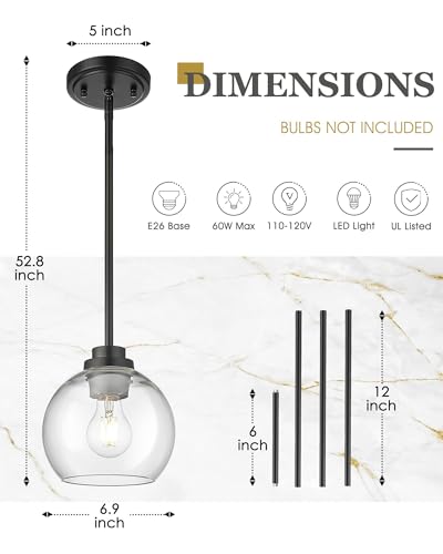 Image of Pendant Lights Kitchen Island, 7 inch Modern Black Hanging Lights Fixtures with Clear Glass Globe Shade, Kitchen Island Lighting for Bathroom, AD-22280-1P-BK-C