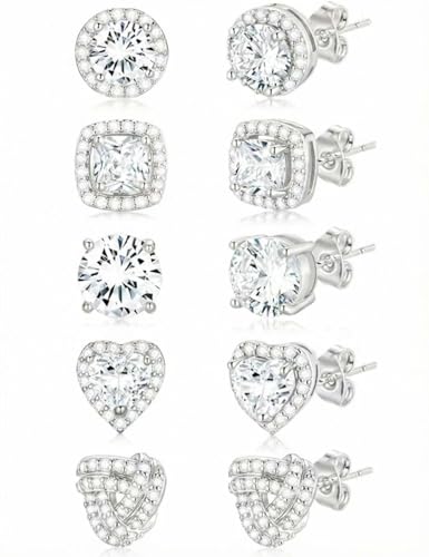 Ofeiyaa 5 Pairs Cubic Zirconia Stud Earrings for Women Men 18K Gold Silver Plated Stainless Steel...