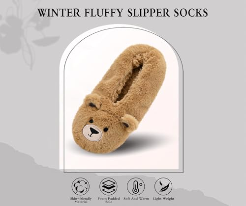 Image of Keyela Women Fuzzy Animal Slipper Socks, Non Slip Indoor House Slippers | Soft fuzzy plush material, cute animal design with gripper sole for bedroom, lounge indoor daily wear