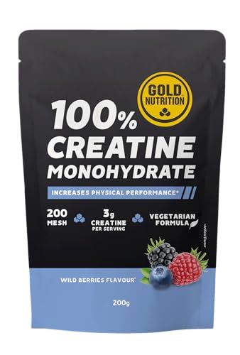 GoldNutrition, 100% Creatine Monohydrate, Creatina Monohidratada, Creatina en Polvo 100% Pura para Aumentar el Rendimiento y la Potencia Muscular, Sabor Bayas Silvestres, 40 Raciones, 200 g