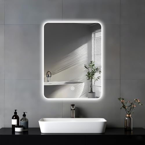 JAMUBOCHE Espejo de baño LED para fregadero, 45 x 60 cm, espejo de tocador eléctrico con luces retroiluminadas para afeitarse en la ducha, montado en la pared, iluminación regulable de 3 colores, IP54