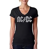 ACDC Song Title Word Art V-Neck T-Shirt Women’s, Officially Licensed by LA Pop ArtBlack Casual Short Sleeve Large