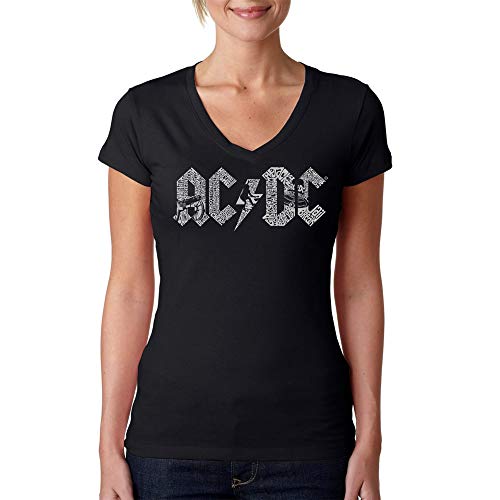 ACDC Song Title Word Art V-Neck T-Shirt Womens Officially Licensed by LA Pop ArtBlack Casual Short Sleeve Small