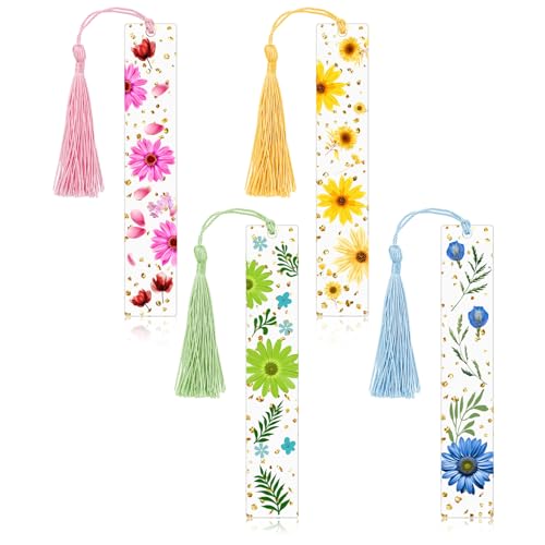 4 Pieces Pressed Flower Bookmarks for Men Women Book Lovers, Dried Flower Bookmarks with Tassels Transparent Acrylic Bookmark Floral Dried Flowers Page Marker for Reading Lover Students Teachers
