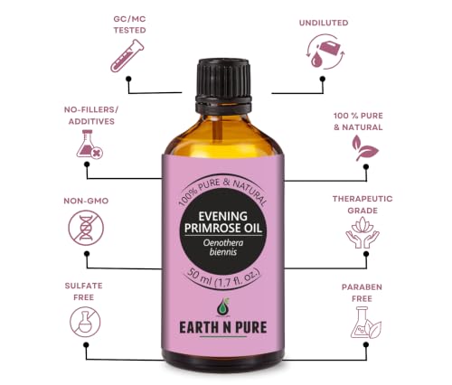 Image of Earth N Pure Evening Primrose Oil | 100% Pure & Natural | Cold Pressed | Skin Moisturization, Nourished Hair & DIY Skincare | 50ml