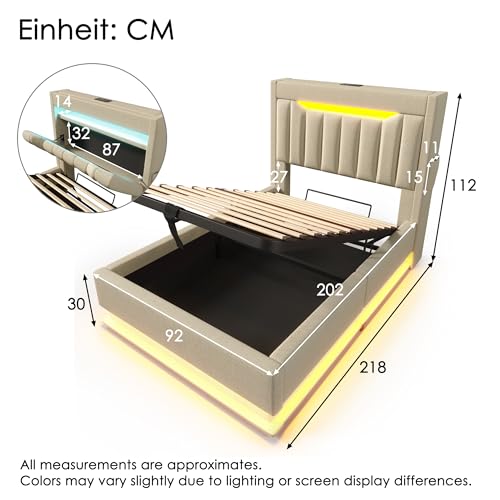 Cama Tapizada 90 x 200 cm con Cabecero de Almacenaje en Lino, USB y Type-C, Iluminación LED en Cabecero y Pie de Cama, Cama Individual con Somier y Baúl Hidráulico para Dormitorio, Beige, Con Colchón - imagen 2