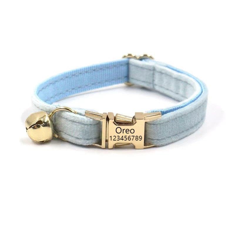 Customized Soft Artificial Velvet Cat Collar, Personalized Cat Tag, Laser Engraved Metal Button Cat Collar, Neck Circumference 0.6-1.2 inches (Azure) โ image 1