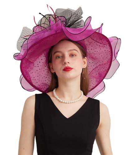 Chapeaux à large bord en organza avec fleur en plumes et perles de mariée