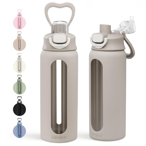 SANDJEST Glass Water Bottle with Silicone Sleeve 24oz with Lid, Motivational Time Marker, Drinking Hydration Glass Bottles for Men Women, Gym Travel Sports (Gray)