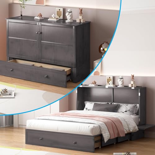 BALUS Queen Murphy Bed Cabinet with Mattress, Cabinet Beds with 2 Storage Drawers, Murphy Chest Bed with USB Charging Station, Horizontal Cube Wallbed for Office, Bedroom, Guest Room Grey