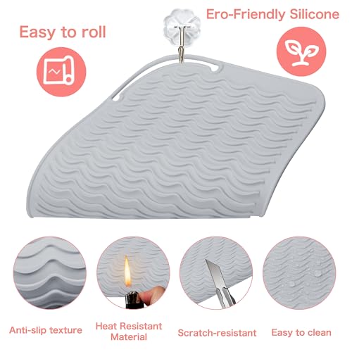 Heysam Silicone Heat Mat for Hair Tools with Flat Iron Hair Straightener and Hair Iron Mat, Travel Mat Pouch for Vanity, Heat Resistant Mat Tools Sleeve Pad and Travel Case, 9\"x 6.5\", Grey, 1 Piece