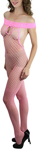 Image of ToBeInStyle Women's Bodystocking Crotchless Peek-A-Boo Fishnet Lace Bodysuit