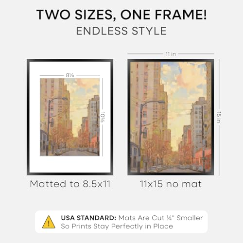 Image of Homeforia Black 11x15 Picture Frame, High End Metal 11x15 Poster Frames with Mat 8.5x11, 11 x 15 Black Frames Matted to 8.5 x 11 inch Photo, 11 by 15 Hanging Frames, Tempered Glass, Wall Kit, Set of 1