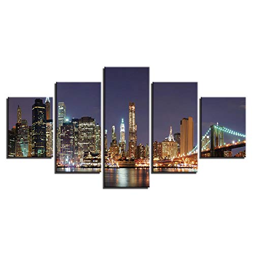 Impression Toile Ville de Nuit Décoration Murale HD Salon Tableau Intissé 5 Pcs