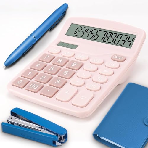 Image of 12-Digit Dual Power Desktop Calculator with Large LCD Display, Big Easy Press Buttons, Solar & Battery Operated, Portable Office & School Basic Calculator for Kids and Parents (Pink)
